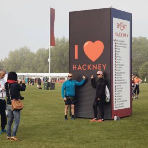 Information tower wayfinding and photo backdrop at Hackney Half Marathon