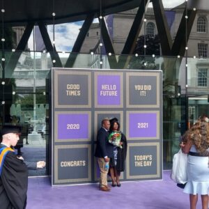 Small super-graphic photo backdrop at Leeds Beckett's graduation ceremony