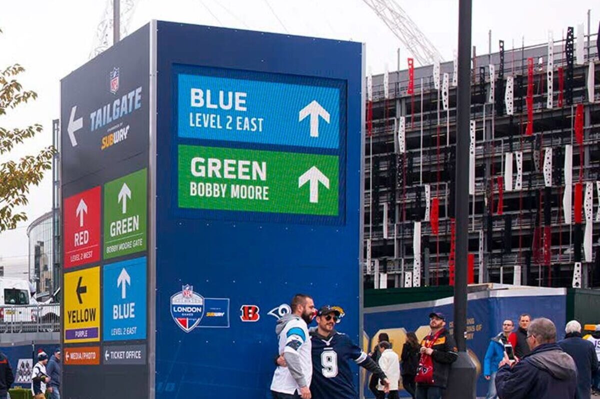 Wayfinding information tower at NFL London Games